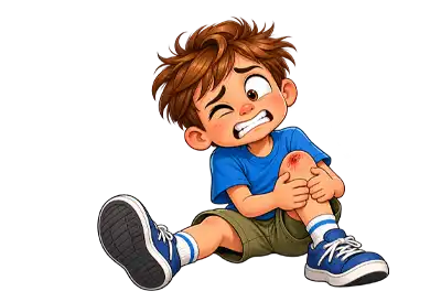 Humorous cartoon illustration of a young boy sitting on the ground, grimacing and clutching his slightly scraped knee after a tumble, with a transparent background.