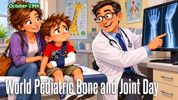 A concerned young boy with his injured arm in a sling sits beside his reassuring mother as a friendly pediatric doctor examines an X-ray showing a broken forearm.