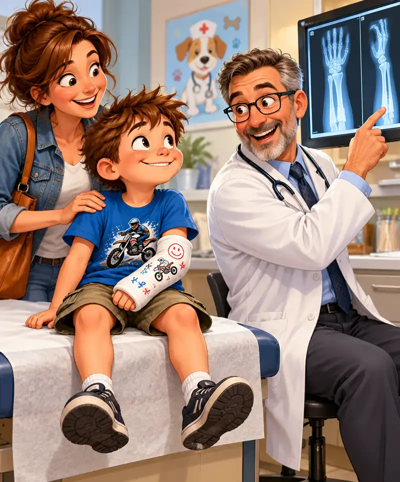 A cheerful young boy with his arm in a decorated cast sits beside his smiling mother as a pediatric doctor examines X-rays of his broken arm, sharing encouraging news about his recovery during an orthopedic checkup.