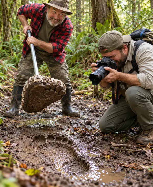 Two men stage a Bigfoot hoax in a muddy forest, using an oversized Sasquatch foot mold attached to a pole to create a fake footprint while one man photographs the supposed evidence.
