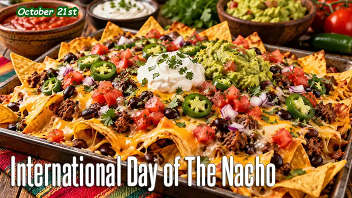 A generous platter of crispy tortilla chips smothered in gooey melted cheese and topped with spicy jalapeños, seasoned beef, black beans, diced tomatoes, cilantro, sour cream, and chunky guacamole, surrounded by colorful Mexican-inspired accompaniments.