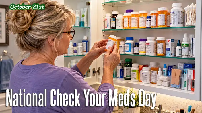 A woman examines medication labels and expiration dates in her well-stocked bathroom medicine cabinet, identifying outdated prescriptions and medical supplies that may need safe disposal.