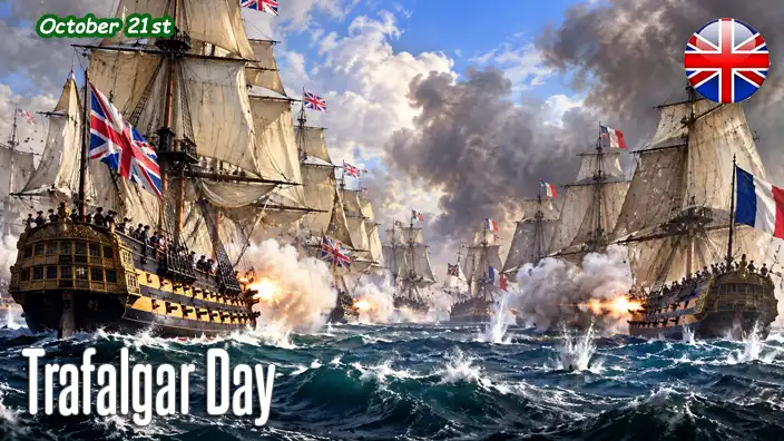 Panoramic illustration of the Battle of Trafalgar in 1805, featuring majestic British and French sailing warships firing broadsides across rough seas, with cannon smoke, splashing waves, and towering masts filling the dramatic naval battlefield.