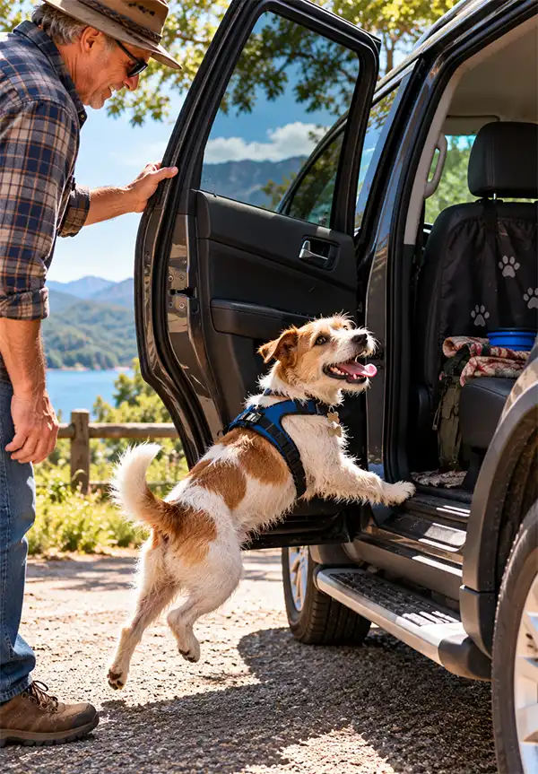 Happiness is a Car Ride An excited little brown-and-white terrier leaps into a waiting SUV for a fun road trip while its smiling owner holds the car door open, with beautiful mountains, a lake, and lush countryside in the background.