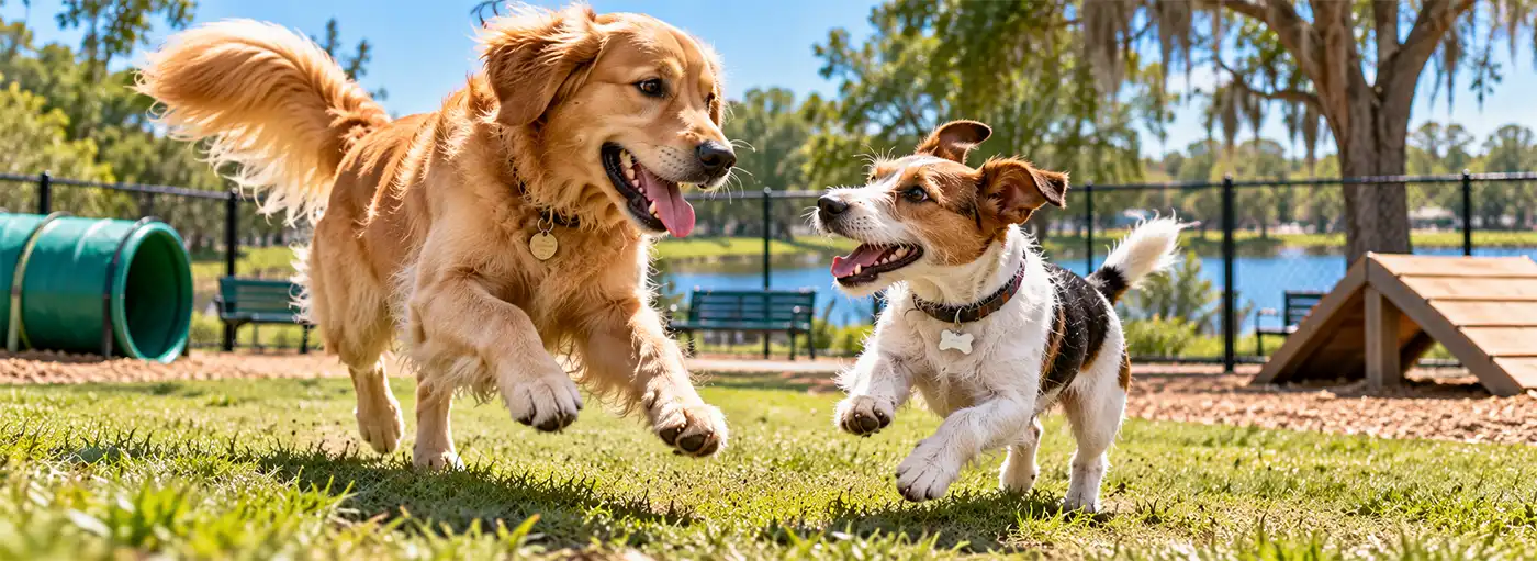 Two Friends playing at the Dog Park A playful golden retriever and a lively brown-and-white terrier race happily across the grass at a sunny dog park, surrounded by trees, agility equipment, benches, and a peaceful lake in the background.