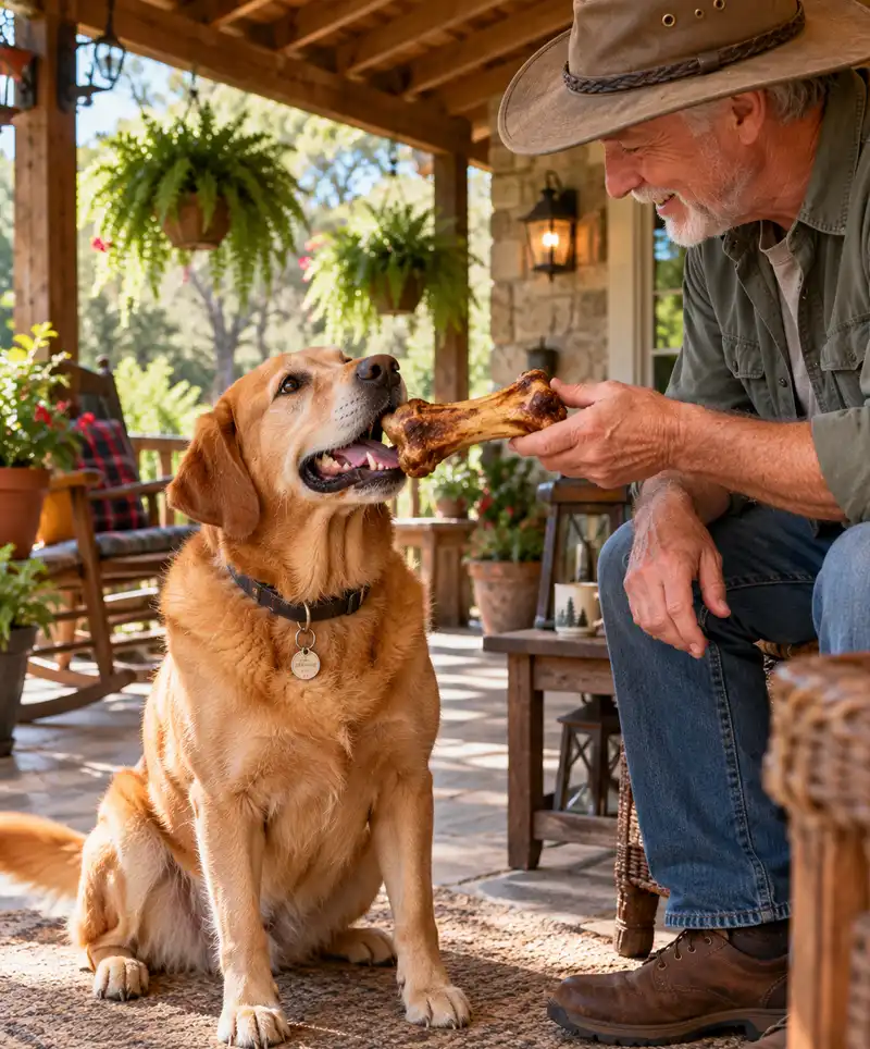 A happy golden retriever eagerly accepts a large, meaty bone from its smiling owner on a rustic covered patio, surrounded by wooden beams, hanging ferns, colorful flowers, and comfortable country-style furnishings.