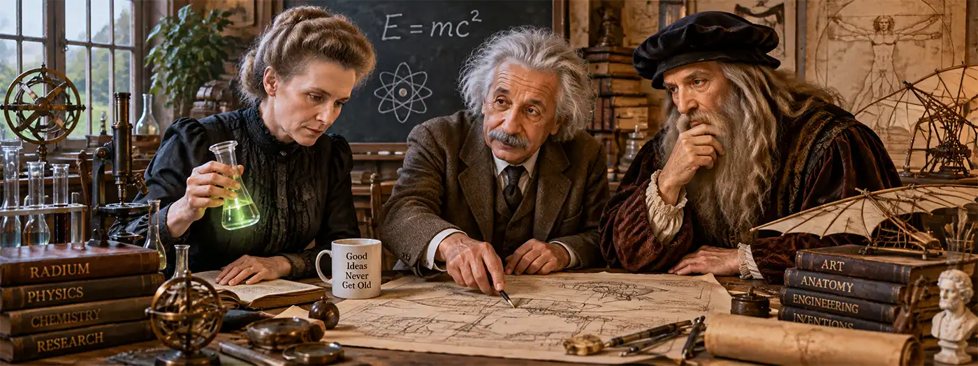 An imaginative historical scene of Marie Curie, Albert Einstein, and Leonardo da Vinci collaborating around a table of scientific plans, each dressed in clothing from their own era.