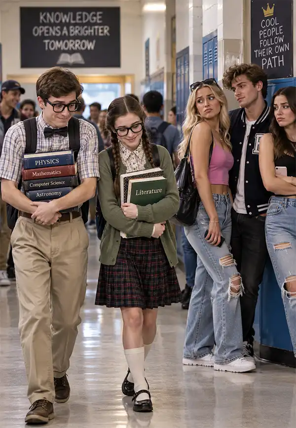 Two bespectacled students carrying books walk through a high school hallway while a group of fashionable classmates by the lockers gives them dismissive looks.