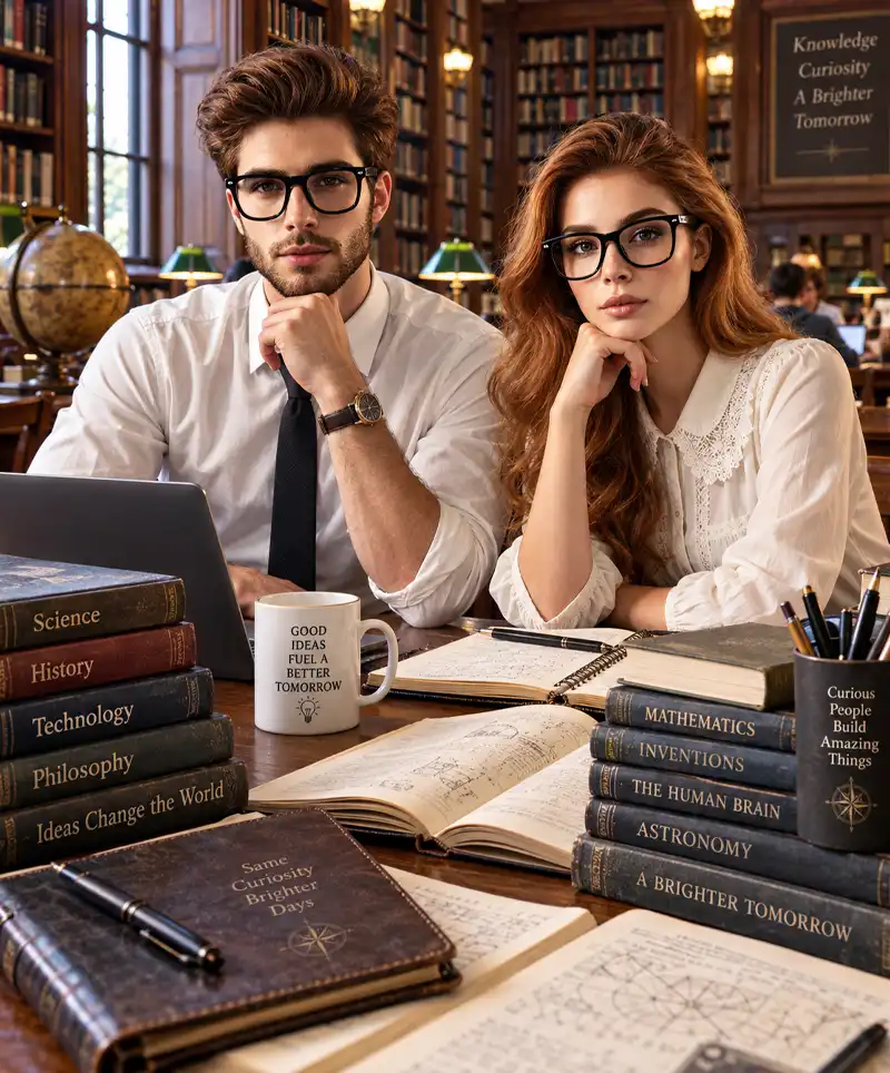 Two bespectacled young scholars sit together in a warmly lit library, surrounded by books, notebooks, a laptop, and a globe, celebrating curiosity and a love of learning.