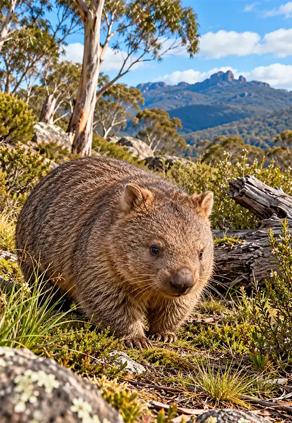 A wild wombat stands among native grasses, wildflowers, and moss-covered rocks in the Australian bush, surrounded by eucalyptus trees and fallen logs, with rugged mountains rising beneath a bright blue sky.