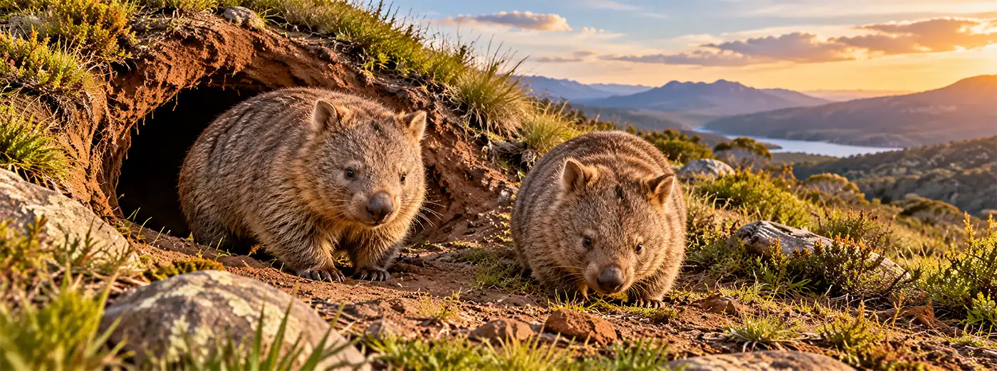 Two wild wombats explore the entrance to their underground burrow on a grassy Australian hillside, surrounded by rocks and native vegetation, with distant mountains and a shimmering lake beneath a beautiful golden sunset.
