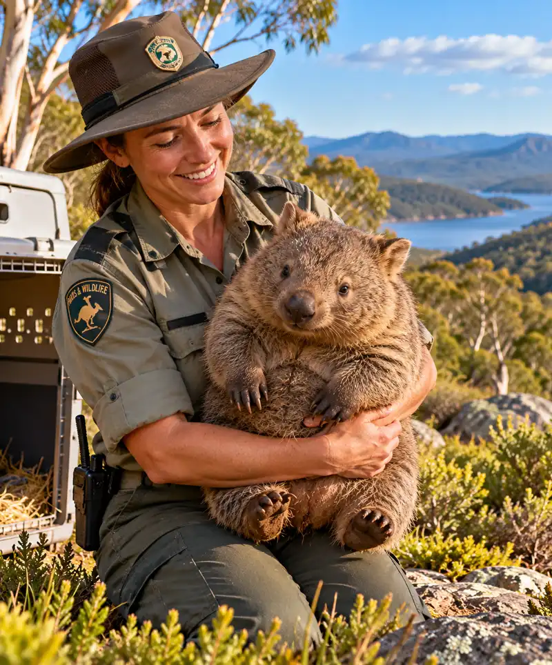 A smiling Australian wildlife ranger gently holds a healthy, rescued wombat before releasing it back into its natural habitat, surrounded by eucalyptus trees, native vegetation, and beautiful mountain scenery.