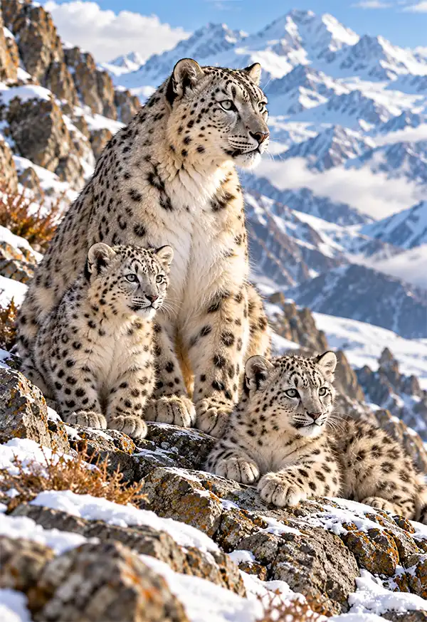 A beautiful mother snow leopard watches protectively over her two spotted cubs resting on a snow-covered rocky ledge, surrounded by towering mountain peaks and rugged alpine wilderness in their natural habitat.