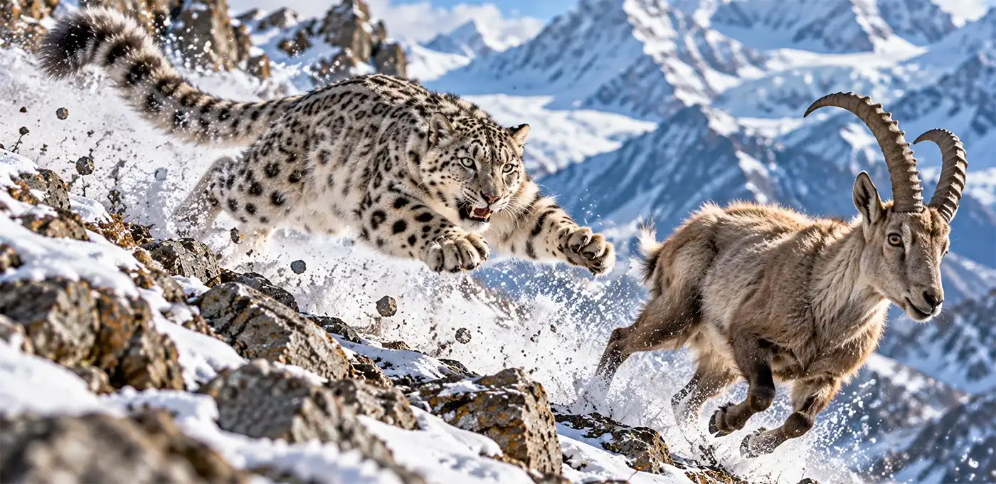 A powerful snow leopard launches through the air toward a fleeing mountain ibex, sending snow and rocks flying across a steep, rugged Himalayan mountainside during a dramatic high-altitude hunt.