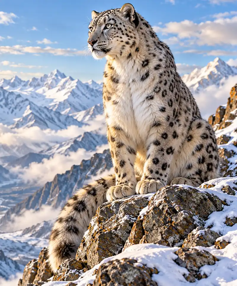 A majestic snow leopard sits proudly atop a snow-covered rocky mountain ledge, surveying its vast alpine kingdom of towering Himalayan peaks, drifting clouds, and icy valleys stretching into the distance.
