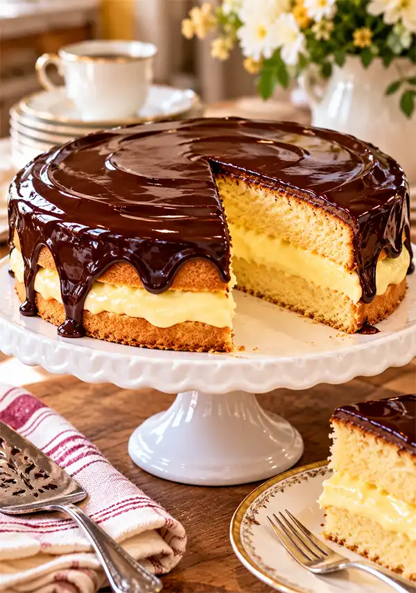 Boston Cream Pie anyone? A beautiful Boston Cream Pie displayed on an elegant white cake stand, featuring fluffy golden sponge cake, thick vanilla custard filling, and glossy chocolate ganache, with a generous slice served on a plate beside it.