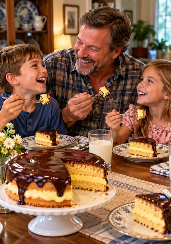 The Family enjoys Mother's Boston Cream Pie A smiling father and his two children enjoy slices of Mom's homemade Boston Cream Pie at the family dinner table, laughing together as they savor the fluffy sponge cake, creamy vanilla custard, and rich chocolate topping.