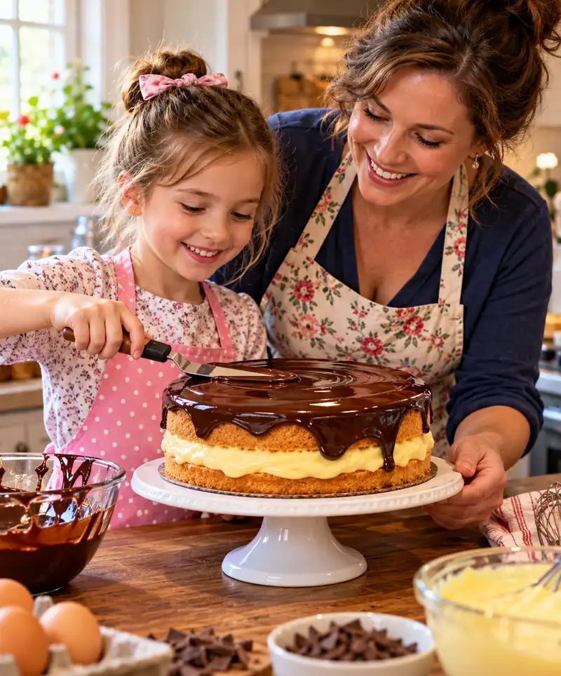 A smiling mother teaches her young daughter how to make Boston Cream Pie as the girl carefully spreads glossy chocolate ganache over the sponge cake, filled with rich vanilla custard, in their cozy family kitchen.