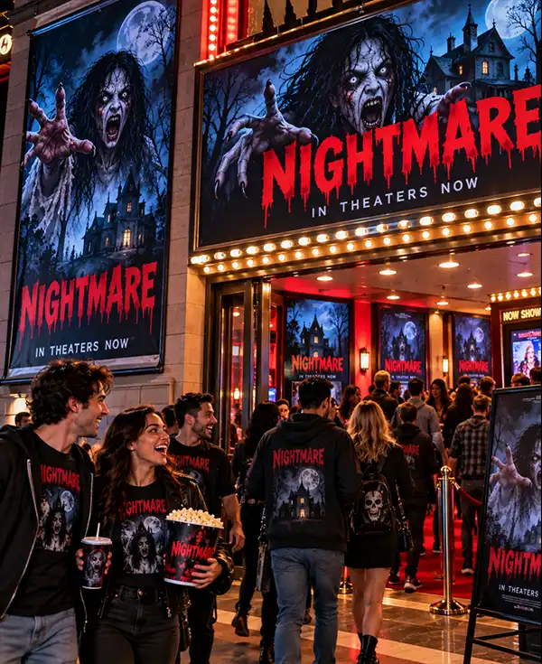 Excited moviegoers arrive at a brightly illuminated movie theater for a horror film premiere, laughing and carrying popcorn beneath enormous Nightmare posters featuring a terrifying ghostly woman, a haunted mansion, and a moonlit sky.