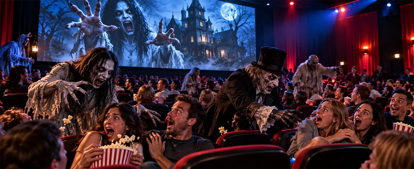 Terrified moviegoers scream, laugh, and scatter popcorn as actors dressed as gruesome ghosts and monsters surprise them in a packed movie theater, bringing the frightening horror film on the giant screen to life during an immersive Halloween-style screening.