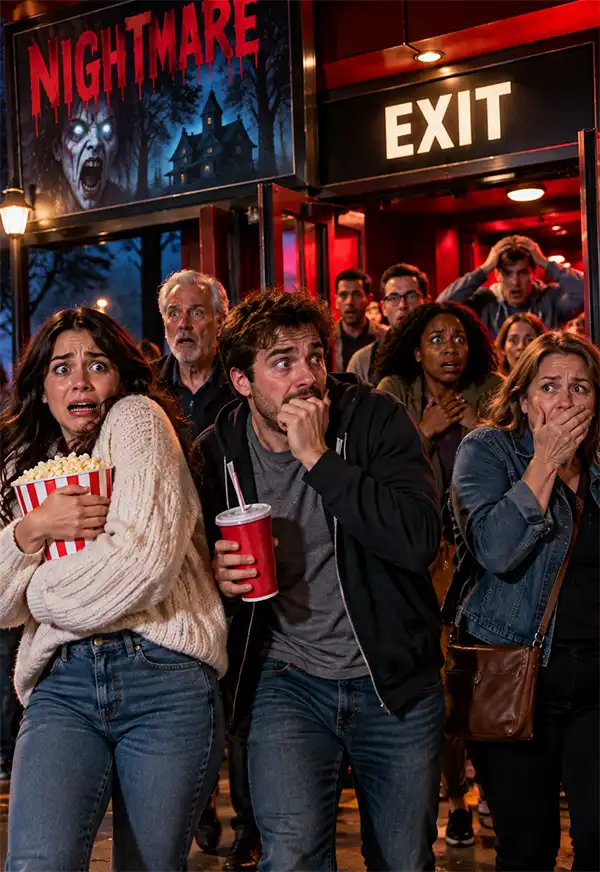 Terrified moviegoers emerge from a darkened theater after watching a particularly frightening horror movie, their faces filled with shock and fear as they clutch popcorn, cover their mouths, and nervously glance around beneath a glowing EXIT sign and a sinister horror movie poster.
