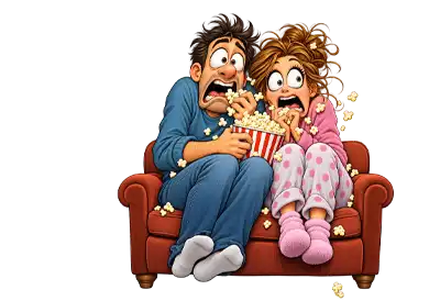 A humorous cartoon couple huddles together on a narrow sofa, their eyes wide and mouths open in terror as they watch an unseen horror movie, clutching a bucket of popcorn while kernels fly everywhere in fright.