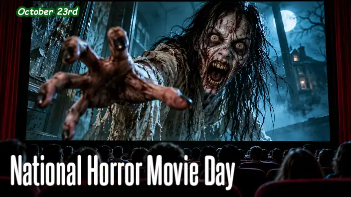 A terrifying horror movie scene fills a giant cinema screen as a grotesque, undead woman with wild hair, rotting teeth, and clawed hands lunges toward the audience, whose shadowy silhouettes fill the darkened theater.