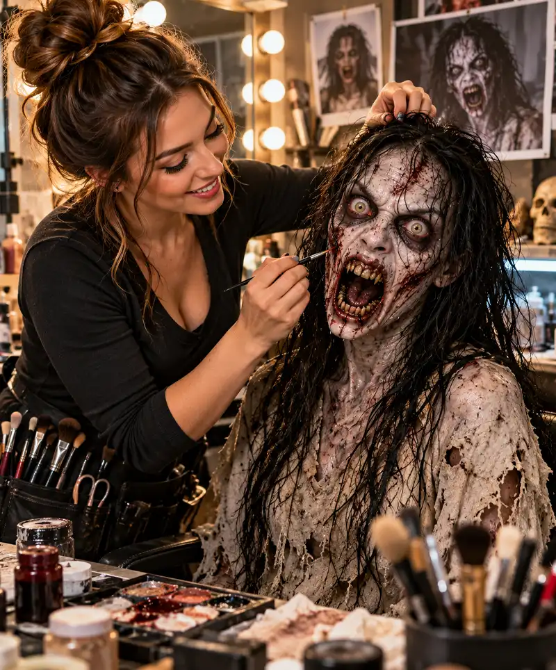 A smiling Hollywood special effects makeup artist transforms an actress into a terrifying, zombie-like ghoul, applying gruesome facial makeup and styling tangled black hair amid brushes, prosthetics, and horror movie reference photos in a busy backstage makeup studio.