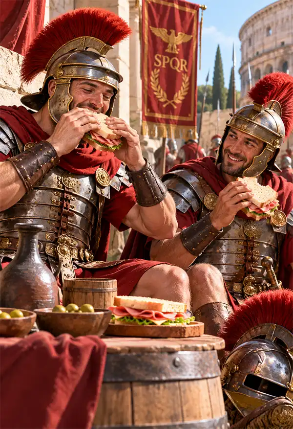 A Fun Look at Roman Sandwich Making Two cheerful Roman soldiers in full armor and plumed helmets enjoy delicious bologna sandwiches during a lunch break in ancient Rome, surrounded by Roman banners, pottery, and the Colosseum, apparently having conquered the art of sandwich-making a couple of thousand years ahead of schedule.