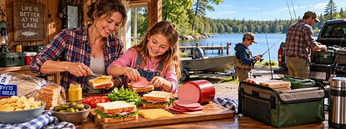 Preparation for a fishing trip? Bologna Sandwiches! A smiling mother and daughter prepare delicious bologna sandwiches with mustard, cheese, and fresh vegetables at a lakeside cabin, while Dad and Son organize their fishing rods and tackle beside a pickup truck and boat, getting ready for a fun family fishing trip.