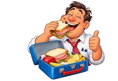 National Bologna Day Cheerful cartoon man enjoying a delicious bologna sandwich while giving a thumbs-up, with an open blue lunchbox filled with another bologna sandwich, potato chips, an apple, and a pickle, illustrated on a transparent background for National Bologna Day.