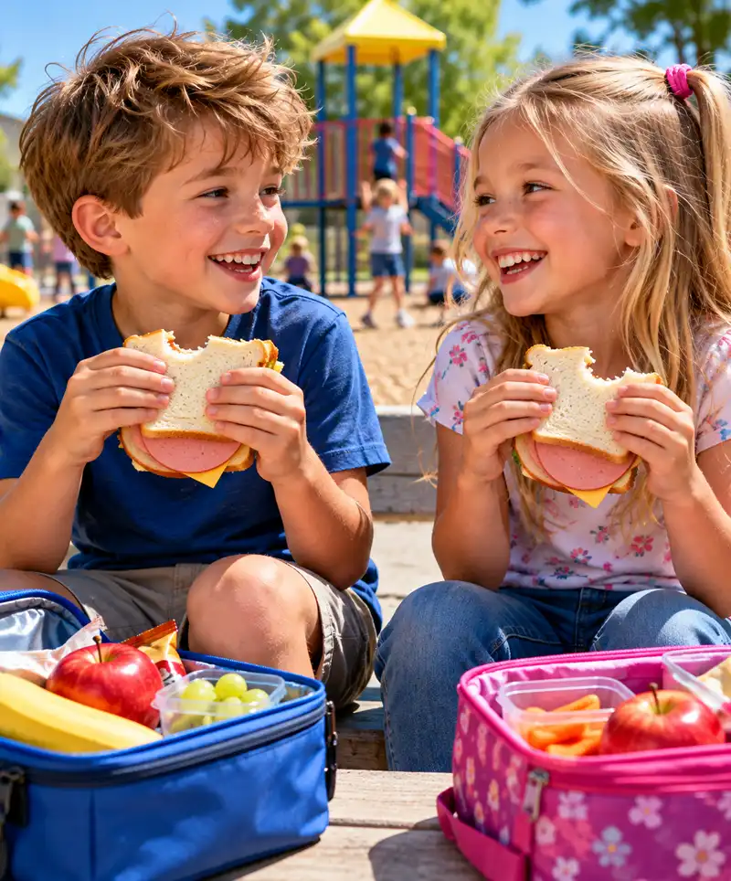 Two happy schoolchildren enjoy bologna and cheese sandwiches together during recess on a sunny day, sitting beside their colorful lunchboxes filled with fresh fruit and snacks, with a busy school playground in the background.