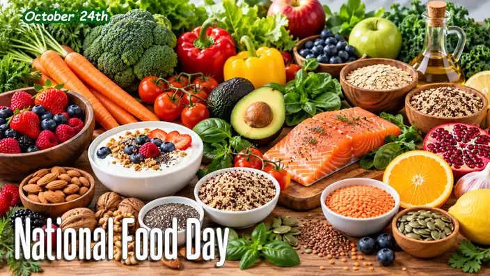 An abundant display of nutritious foods featuring fresh berries, leafy greens, colorful vegetables, salmon, avocados, whole grains, nuts, seeds, and citrus fruits, celebrating healthy eating and balanced nutrition.