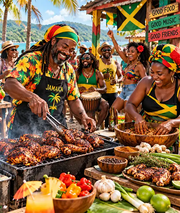 Good Food? Party? Oh Yeah! Jamaican cooks preparing and grilling traditional jerk chicken at a lively Caribbean beach party, surrounded by fresh spices, Scotch bonnet peppers, tropical scenery, music, dancing, and friends celebrating National Jamaican Jerk Day.