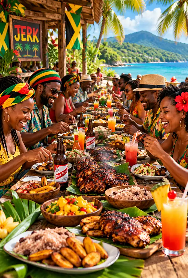 Jamaican Jerk can be listed under the heading of "Good Food!" Jamaican friends and families enjoying a festive outdoor feast of traditional jerk chicken, rice and peas, fried plantains, and tropical dishes along a long wooden table overlooking the beautiful Caribbean Sea, celebrating National Jamaican Jerk Day.