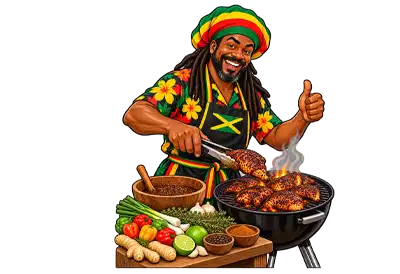 National Jamaican Jerk Day A cheerful cartoon Jamaican chef prepares traditional Jamaican jerk chicken on a smoky grill, surrounded by colorful Scotch bonnet peppers, fresh herbs, aromatic spices, and jerk marinade, giving a thumbs-up against a transparent background.