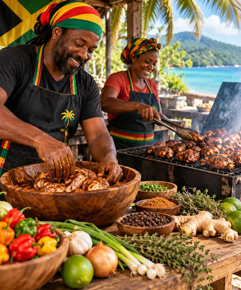 Two Jamaican cooks prepare traditional Jamaican jerk chicken at a tropical seaside grill, seasoning meat with aromatic spices, Scotch bonnet peppers, and fresh herbs while grilling chicken over an open flame.