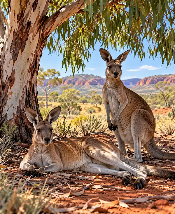 Two kangaroos relaxing in the shade of a large eucalyptus gum tree in the Australian Outback, one lying comfortably on the red earth while the other sits upright, surrounded by native vegetation and distant rocky hills.