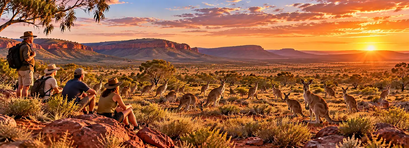 A large mob of wary kangaroos grazing and resting in the Australian Outback while a small group of visitors quietly observes them from a respectful distance, surrounded by red earth, native bushland, rugged mountains, and a spectacular golden sunset.
