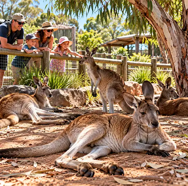 A family enjoying the sight of several relaxed kangaroos at a zoo, with some lying in the shade of eucalyptus trees while others sit upright in a natural enclosure surrounded by rocks, native grasses, and warm sunshine.