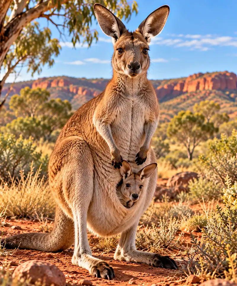 A healthy mother kangaroo stands proudly in the Australian Outback with her curious young joey peeking out of her pouch, surrounded by golden grasses, eucalyptus trees, red earth, and rugged rocky hills beneath a bright blue sky.
