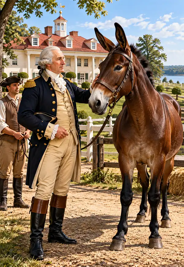 George Washington Inspects a Mule Historical illustration of George Washington inspecting a magnificent brown mule at his Mount Vernon estate in Virginia, with a colonial farmhand nearby and the grand plantation mansion in the background, celebrating Washington's contributions to American mule breeding.