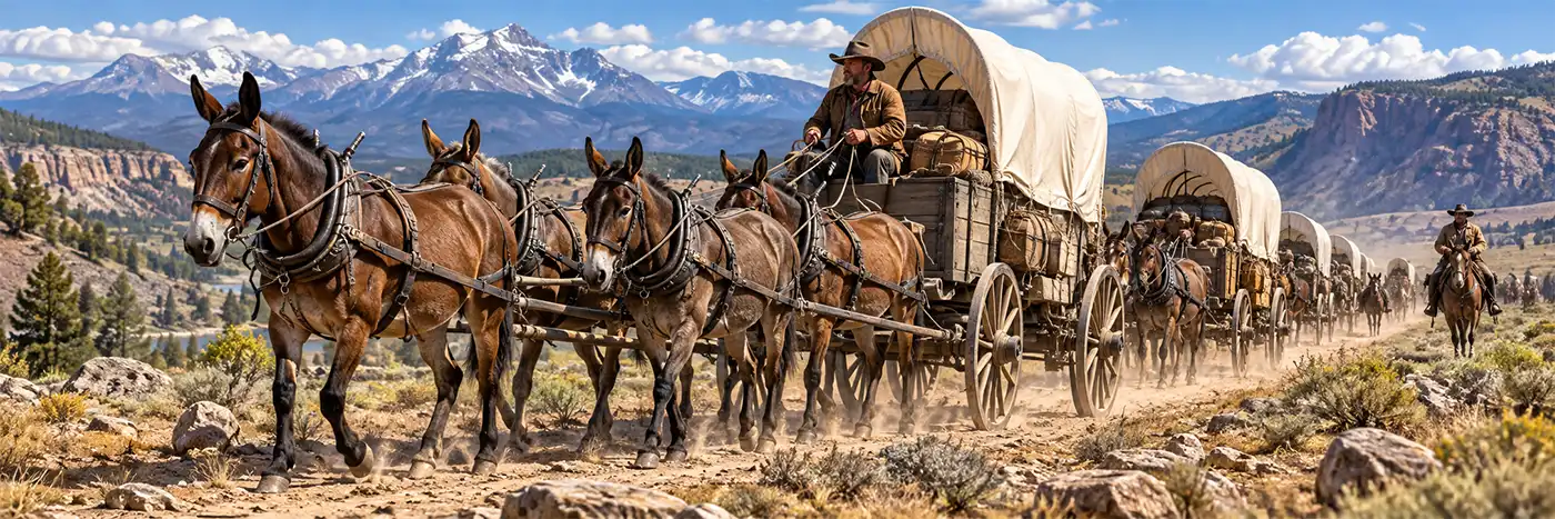 A Mule Powered Supply Wagon Train in the Old West A historic Old West supply wagon train pulled by teams of hardworking mules travels along a dusty mountain trail, carrying covered wagons loaded with provisions as cowboys guide the caravan through rugged wilderness beneath towering, snow-capped mountains.