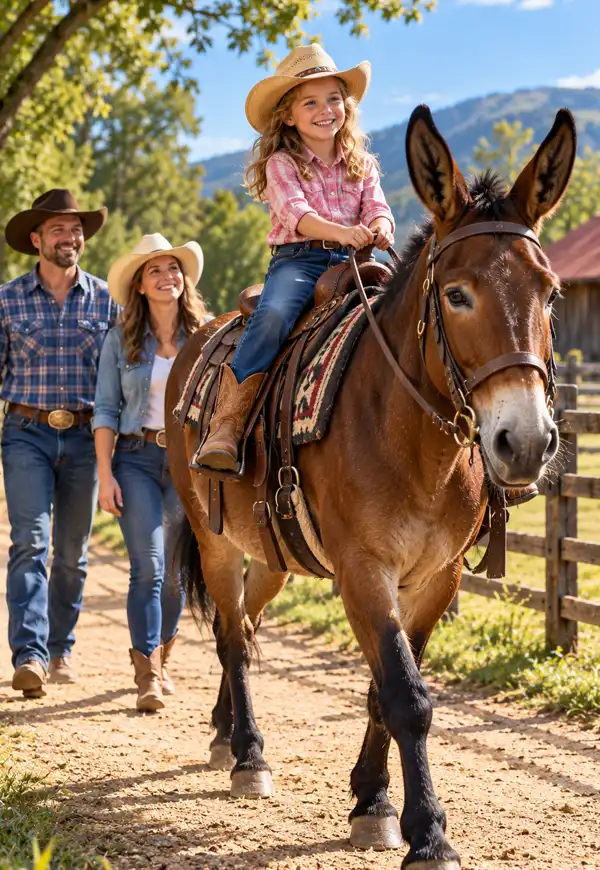 Mule Ride in the Country A happy young girl wearing a cowboy hat enjoys riding a gentle brown mule along a sunny country trail, while her smiling parents walk proudly behind her, surrounded by rustic farm scenery and beautiful countryside.