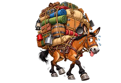 Humorous cartoon of an exhausted brown mule struggling beneath an enormous pile of luggage, barrels, blankets, crates, and camping supplies, with bulging eyes, a dangling tongue, and flying sweat drops, isolated on a transparent background.