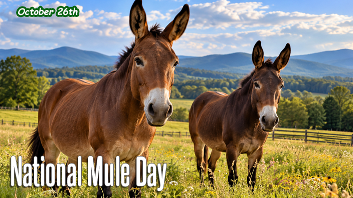 A pair of friendly brown mules with long, upright ears enjoy a beautiful countryside pasture beneath a blue sky dotted with fluffy white clouds.