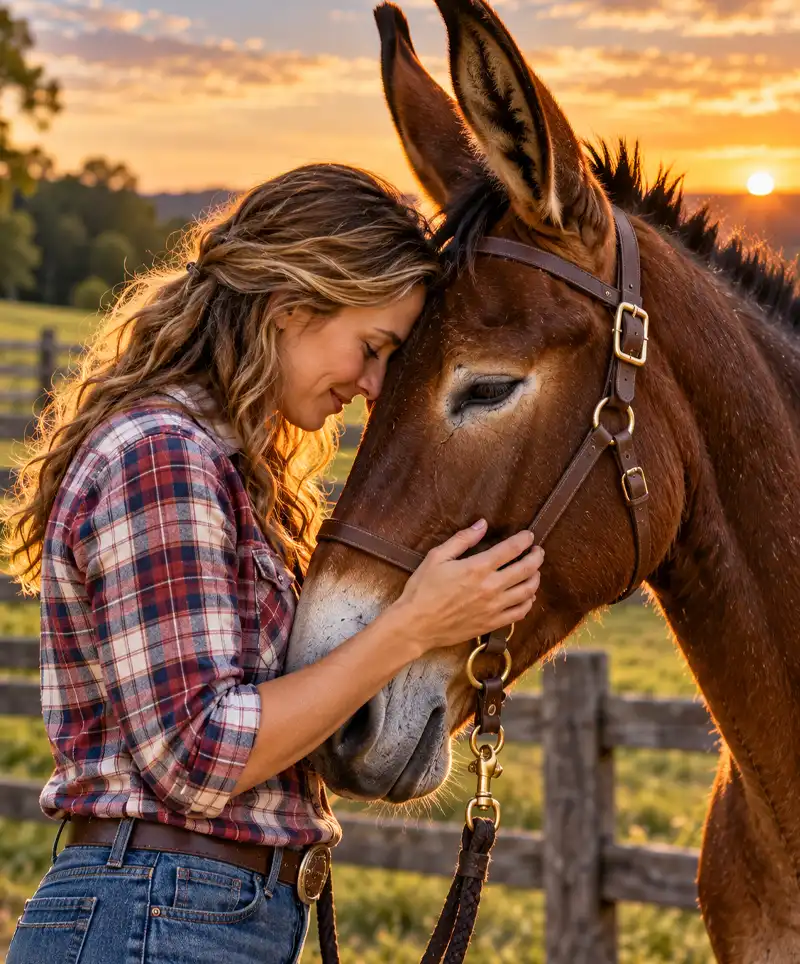 A heartwarming sunset scene of a woman gently resting her forehead against her beloved brown mule, lovingly stroking its face beside a rustic pasture fence, capturing the beautiful bond of trust and affection between humans and animals.