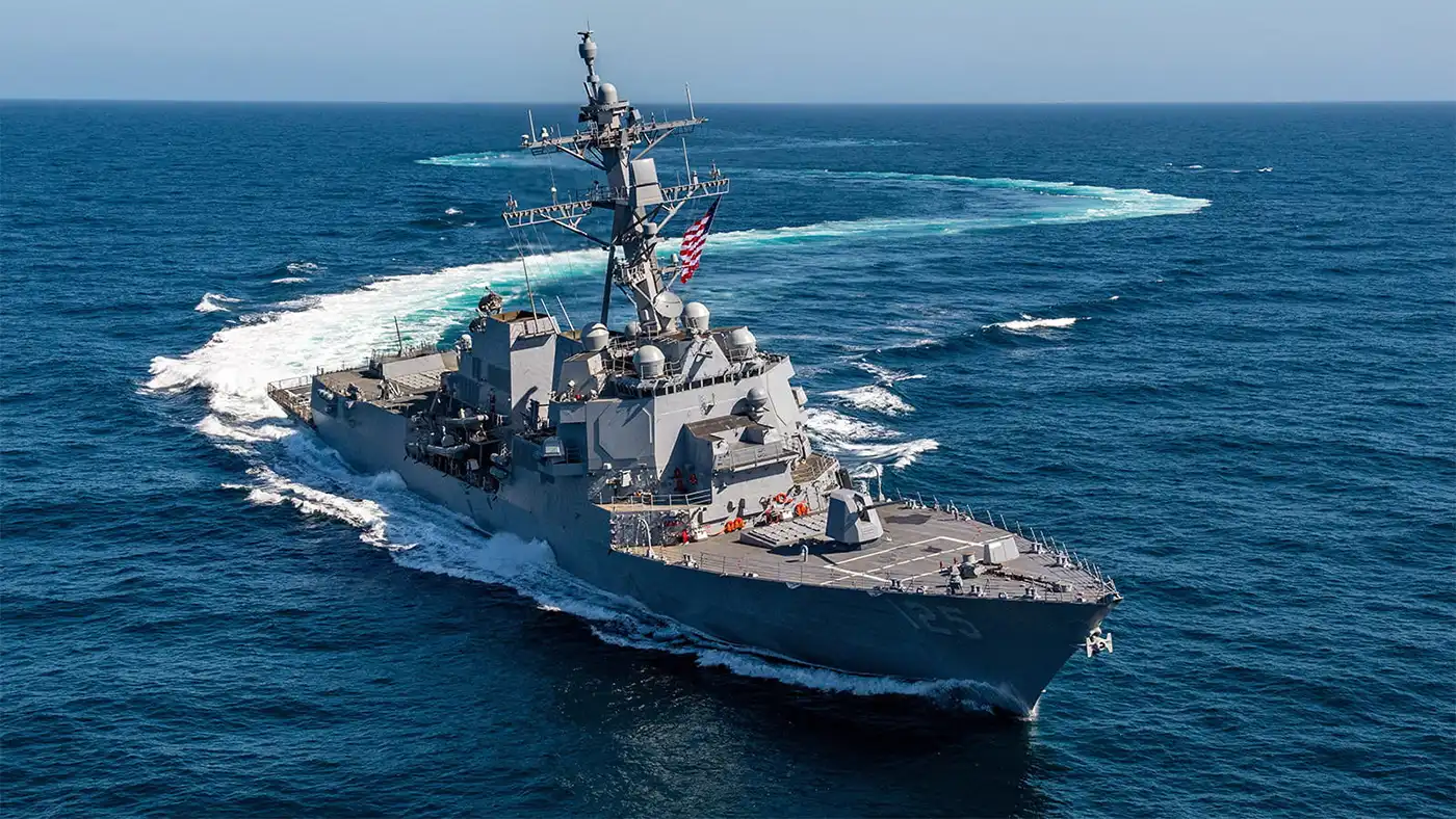 A Sleek and powerful US Navy warship operating at sea