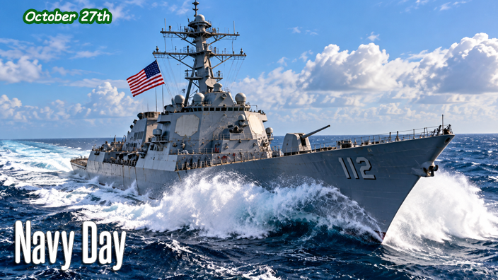 A powerful U.S. Navy guided-missile destroyer underway at full speed through moderate seas, sending spectacular white spray across its bow as the American flag flies proudly beneath a bright blue sky.