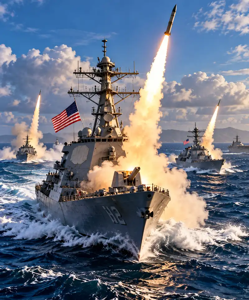 U.S. Navy guided-missile destroyer launching a powerful missile during a coordinated naval attack, supported by other American warships firing missiles across rough seas beneath a dramatic, cloud-filled sky.